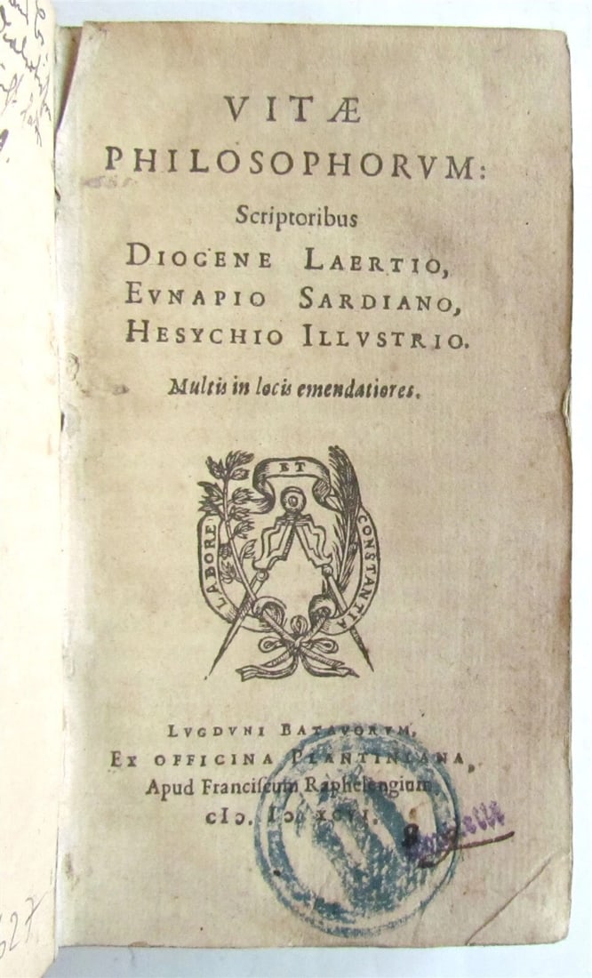 1596 LIVES of PHILOSOPHERS antique VELLUM PLANTIN PRESS Diogenes Eunapius: Title: 1596 LIVES of PHILOSOPHERS antique VELLUM PLANTIN PRESS Diogenes Eunapius Description: VITAE PHILOSOPHORUM Lives of the Philosophers: Diogen Laertiuo, Eunapiuo Sardiano and Hessychio Illustrio