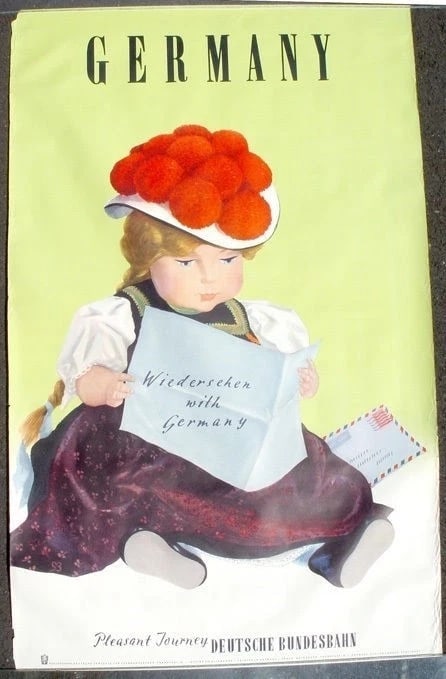 GORGEOUS 1950s GERMAN TRAVEL POSTER w/ DOLL GERMANY (1 of 1)