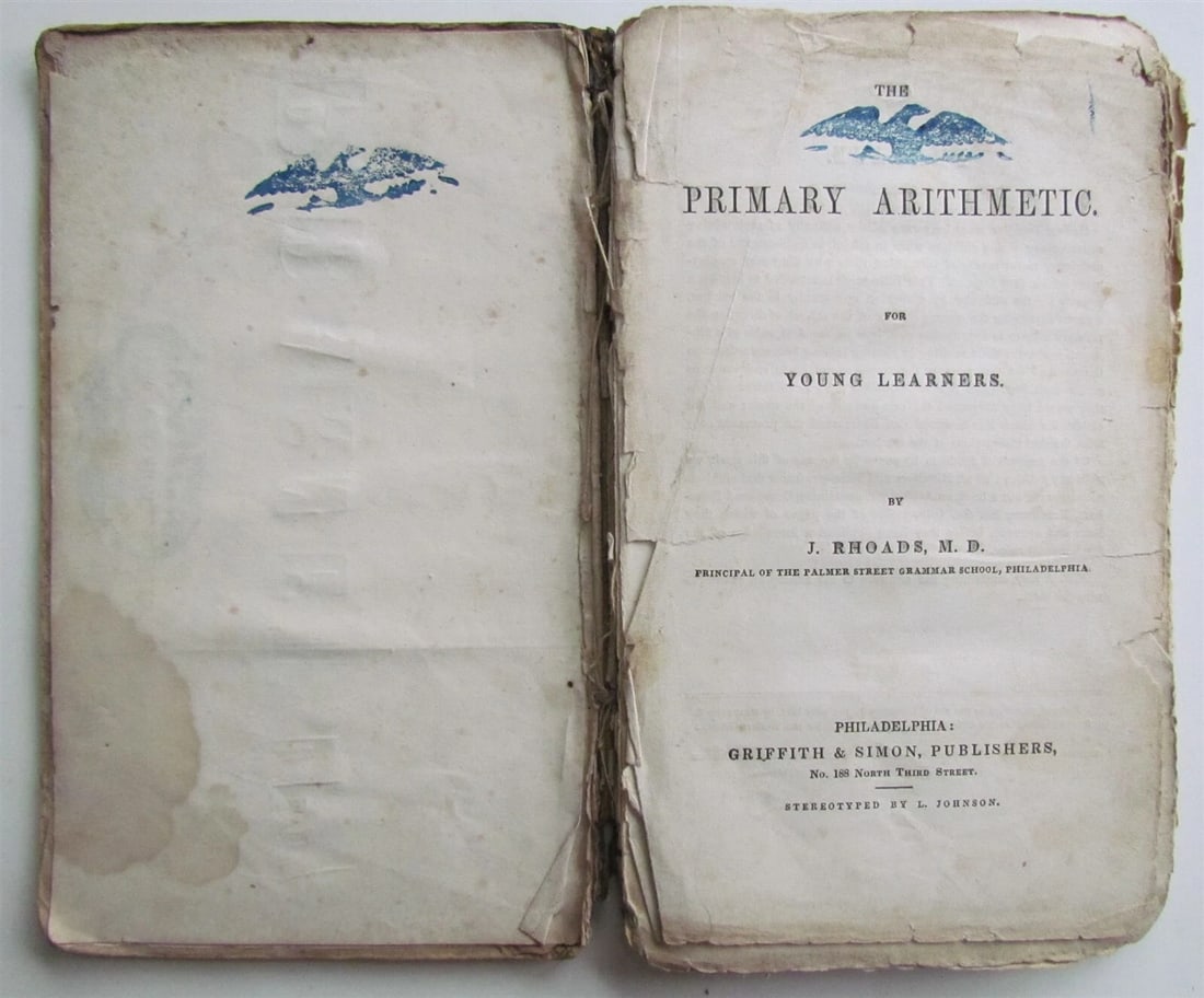 1844 PRIMARY ARITHMETIC FOR YOUNG LEARNERS by J. RHOADS antique AMERICANA PHILA (1 of 3)