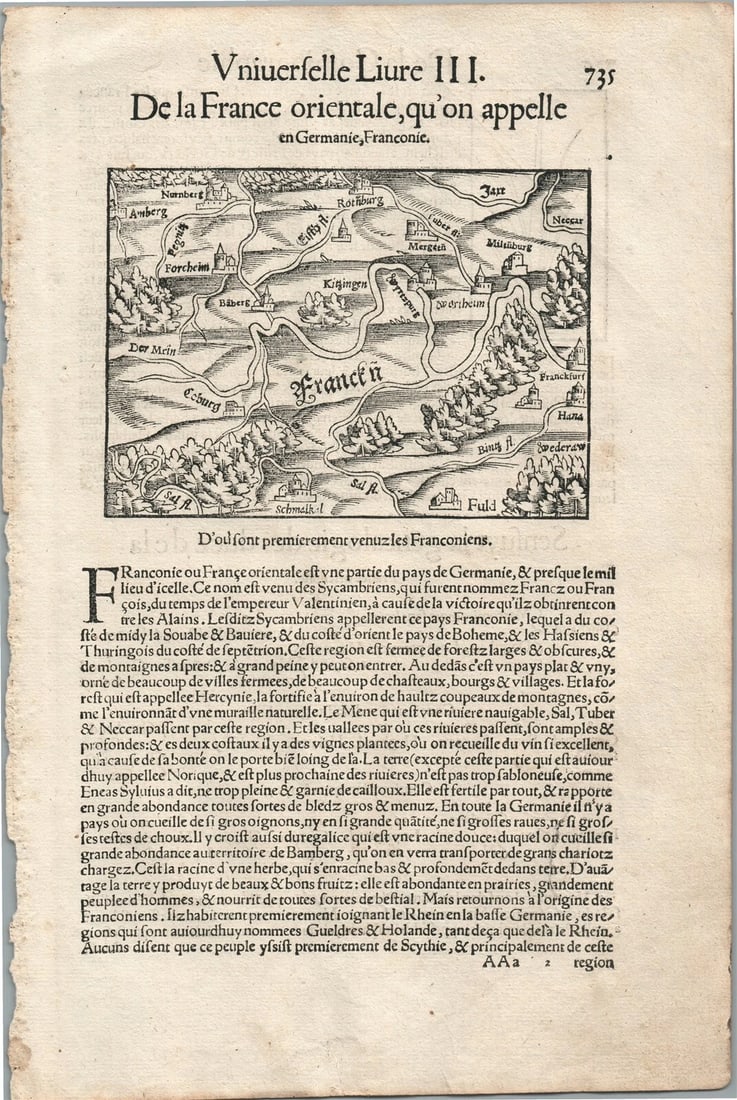 1575 EASTERN FRANCE MAP LEAF from BELLEFOREST EDITION of MUNSTER COSMOGRAPHY (1 of 3)