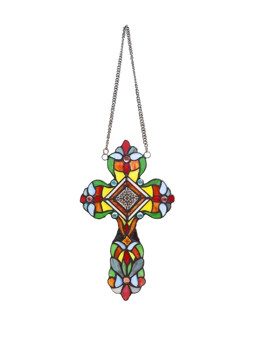 13" Stained Glass Cross Window Hanging Panel Suncatcher: Title: 13" Stained Glass Cross Window Hanging Panel Suncatcher Description: 13" x 7.7" Beautiful reproduction handmade cross design, handcrafted with tiffany-stained glass. The hand crafted Tiffany pa