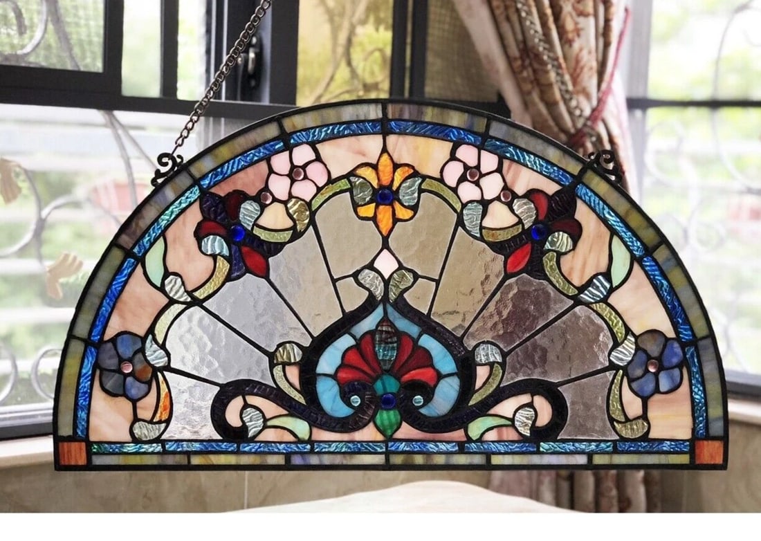 24" Half Circle Stained Glass Window Hanging Panel - 3