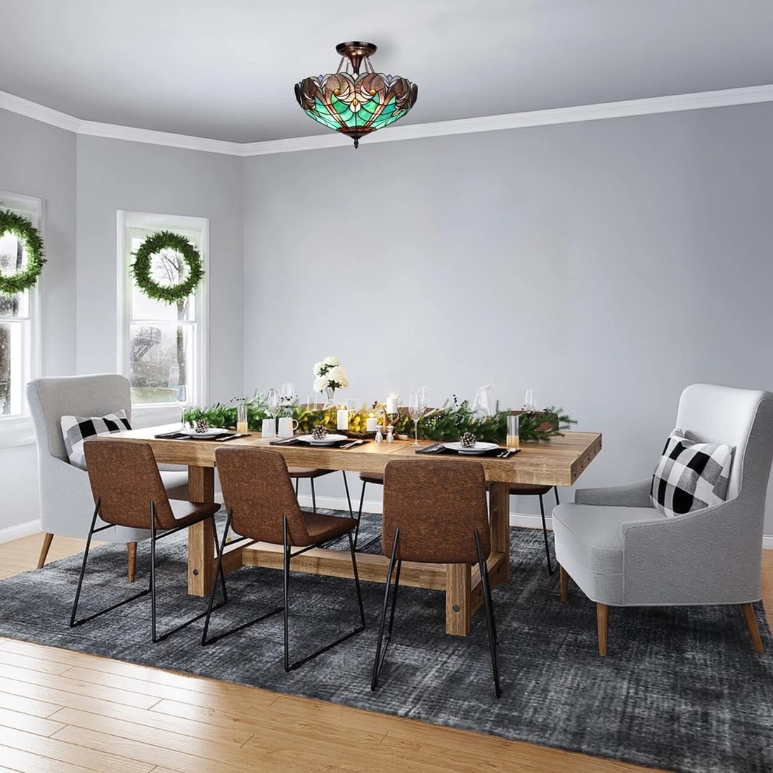 15.75" Stained Glass Semi Flush Ceiling Uplight - 6