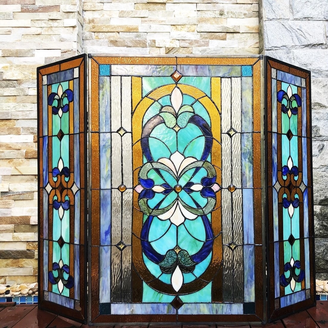 40" Folding Stained Glass Fireplace Screen - 3