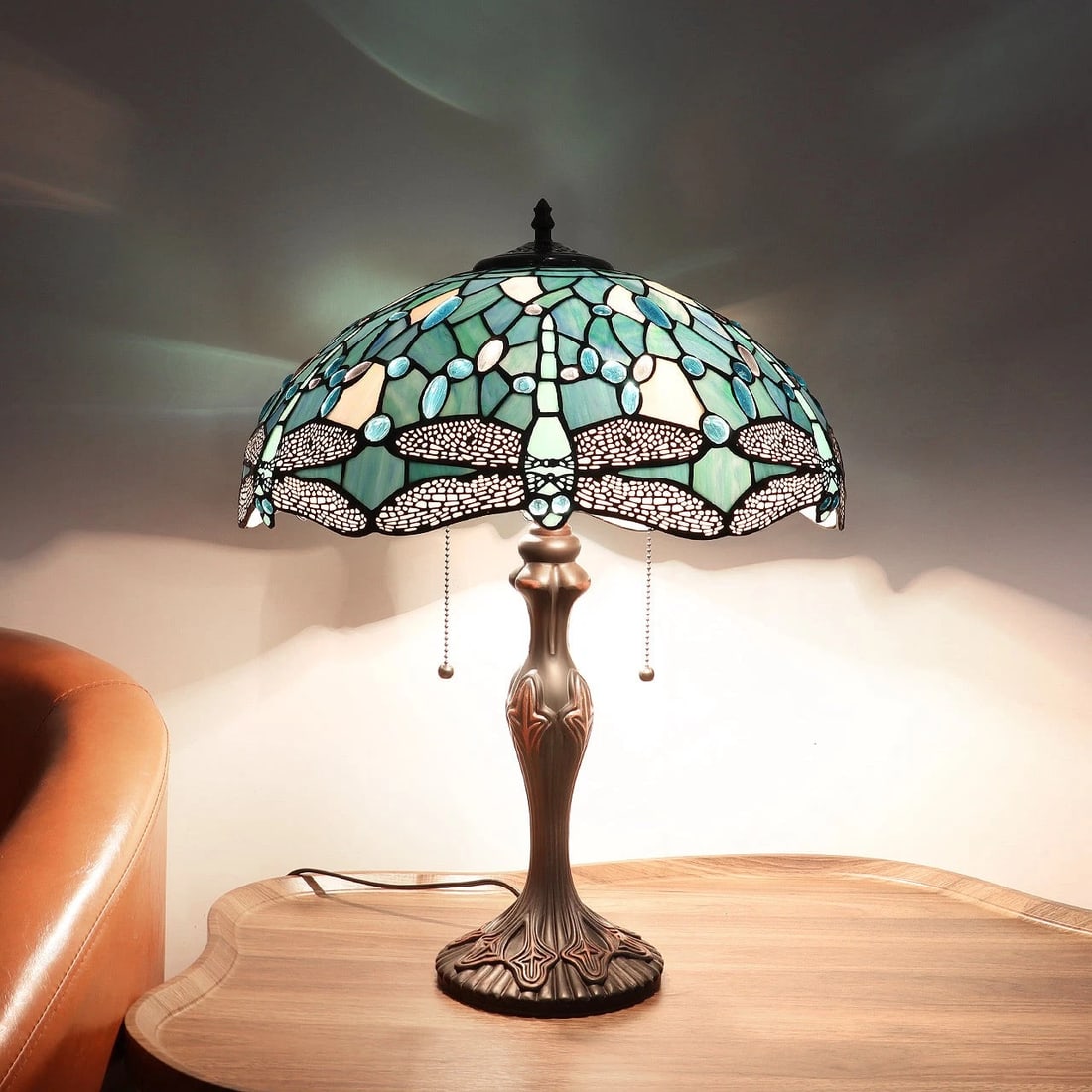 22.24" Stained Glass Dragonfly Lighted Base Table Lamp - 6