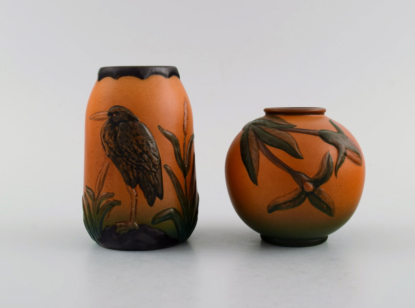 Ipsen's, Denmark. Two vases in hand-painted and glazed ceramics. Bird and foliage. 1920s / 30s. (1 of 6)