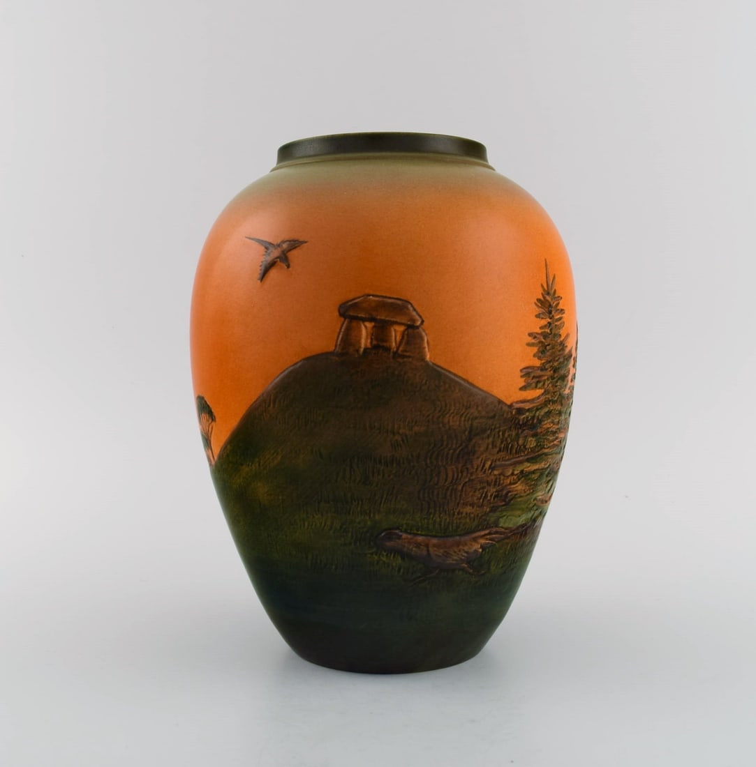 Ipsen's, Denmark. Vase in glazed ceramics. Hand-painted landscape with burial mound. 1920s / 30s. (1 of 7)