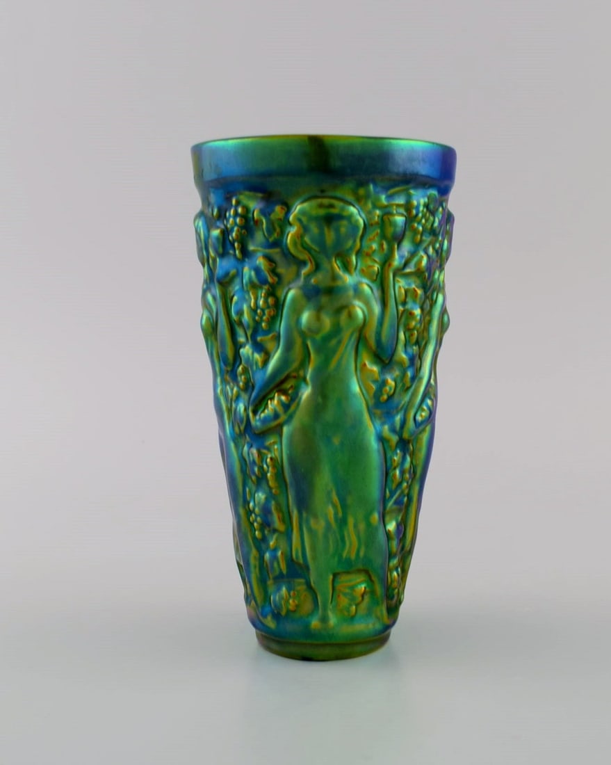 Zsolnay vase in glazed ceramics modeled with women picking grapes. Beautiful luster glasses. (1 of 6)