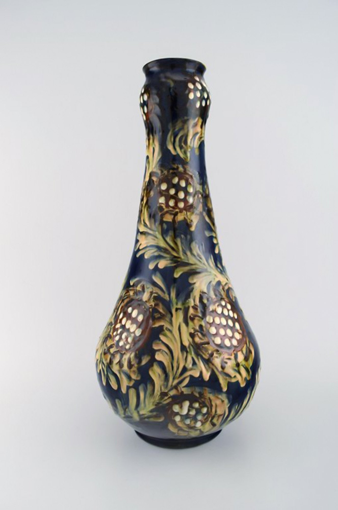 Kähler, HAK. Large vase in glazed stoneware. Flowers on blue background. 1930 / 40s. (1 of 7)
