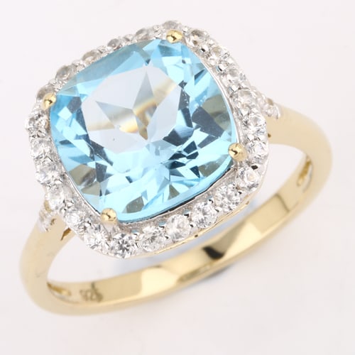 Ring: Blue Topaz Cushion 10.00mm: No Reserve! Title: Ring: Blue Topaz Cushion 10.00mm Description: Blue Topaz Cushion 10.00mm - 1Pcs + White Zircon Round 1.50mm - 24Pcs + White Zircon Round 1.20mm - 4Pcs Date/Period: After 2000