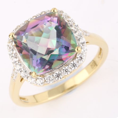 Ring: Rainbow Topaz Cushion 10.00mm: No Reserve! Title: Ring: Rainbow Topaz Cushion 10.00mm Description: Rainbow Topaz Cushion 10.00mm - 1Pcs + White Zircon Round 1.50mm - 24Pcs + White Zircon Round 1.20mm - 4Pcs Date/Period: After 2000