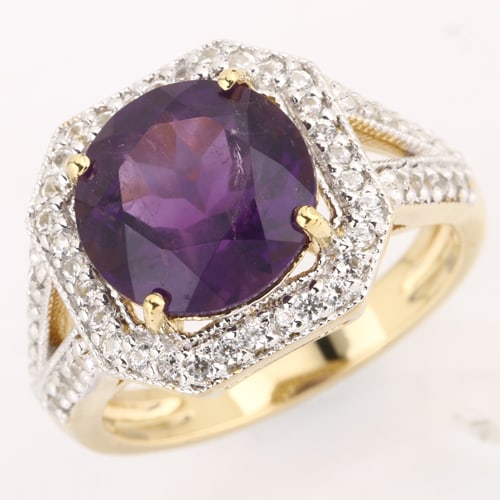 Ring: African Amethyst Round 10.00mm: No Reserve! Title: Ring: African Amethyst Round 10.00mm Description: African Amethyst Round 10.00mm - 1Pcs + White Zircon Round 1.20mm - 56Pcs Date/Period: After 2000 Materials: 925 Silver W/Yellow Go