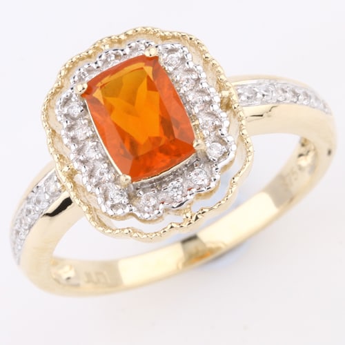 Ring: Fire Opal Cushion 7x5mm: No Reserve! Title: Ring: Fire Opal Cushion 7x5mm Description: Fire Opal Cushion 7x5mm - 1Pcs + White Zircon Round 1.00mm - 14Pcs + White Zircon Round 0.90mm - 16Pcs Date/Period: After 2000 Materials: