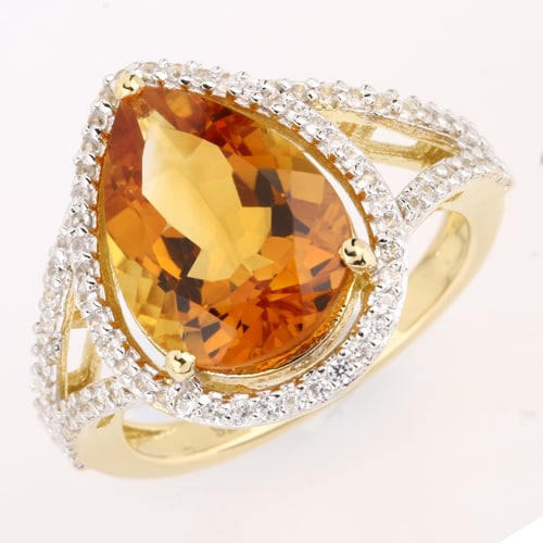 Ring: Madeira Citrine Pears 14x10mm: No Reserve! Title: Ring: Madeira Citrine Pears 14x10mm Description: Madeira Citrine Pears 14x10mm - 1Pcs + White Topaz Round 1.00mm - 78Pcs Date/Period: After 2000 Materials: 925 Silver W/Yellow Gold