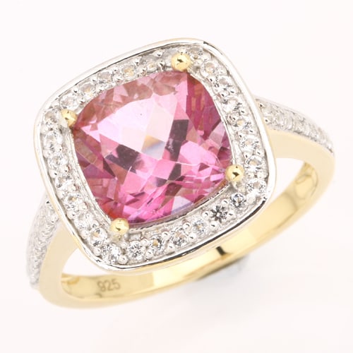 Ring: Pink Topaz Cushion 9.00mm: No Reserve! Title: Ring: Pink Topaz Cushion 9.00mm Description: Pink Topaz Cushion 9.00mm - 1Pcs + White Topaz Round 1.20mm - 44Pcs Date/Period: After 2000 Materials: 925 Silver W/Yellow Gold Plating