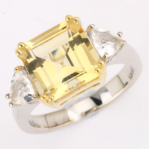 Ring: Citrine Square 10.00mm: No Reserve! Title: Ring: Citrine Square 10.00mm Description: Citrine Square 10.00mm - 1Pcs + White Topaz Trillion 5.00mm - 2Pcs Date/Period: After 2000 Materials: 925 Silver W/2Tone Gross Weight: