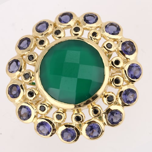 Ring: Green Onyx Briolite Round 13.00mm: No Reserve! Title: Ring: Green Onyx Briolite Round 13.00mm Description: Green Onyx Briolite Round 13.00mm - 1Pcs + Iolite Round 3.00mm - 15Pcs + Black Spinel Round 1.30mm - 15Pcs Date/Period: After