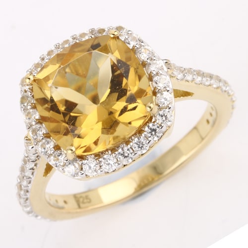 Ring: Golden Citrine Cushion 10.00mm: No Reserve! Title: Ring: Golden Citrine Cushion 10.00mm Description: Golden Citrine Cushion 10.00mm - 1Pcs + White Zircon Round 1.50mm - 48Pcs Date/Period: After 2000 Materials: 925 Silver W/Yellow Go