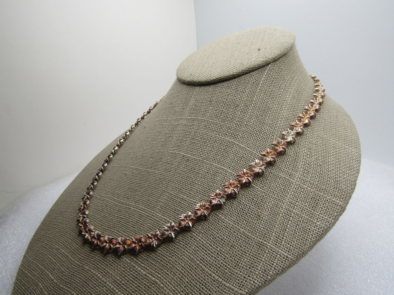 Vintage Sterling Plumeria Link Necklace, 18", 1990's, Signed - 2