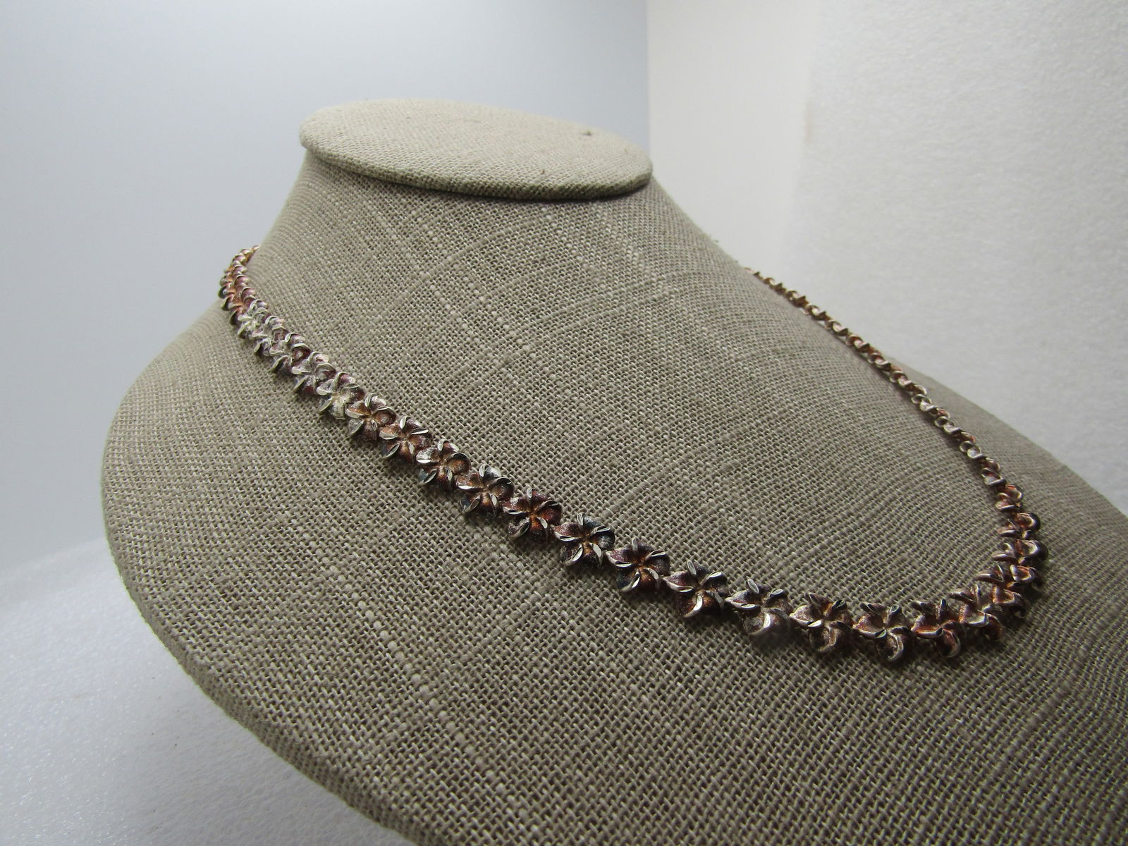 Vintage Sterling Plumeria Link Necklace, 18", 1990's, Signed - 3