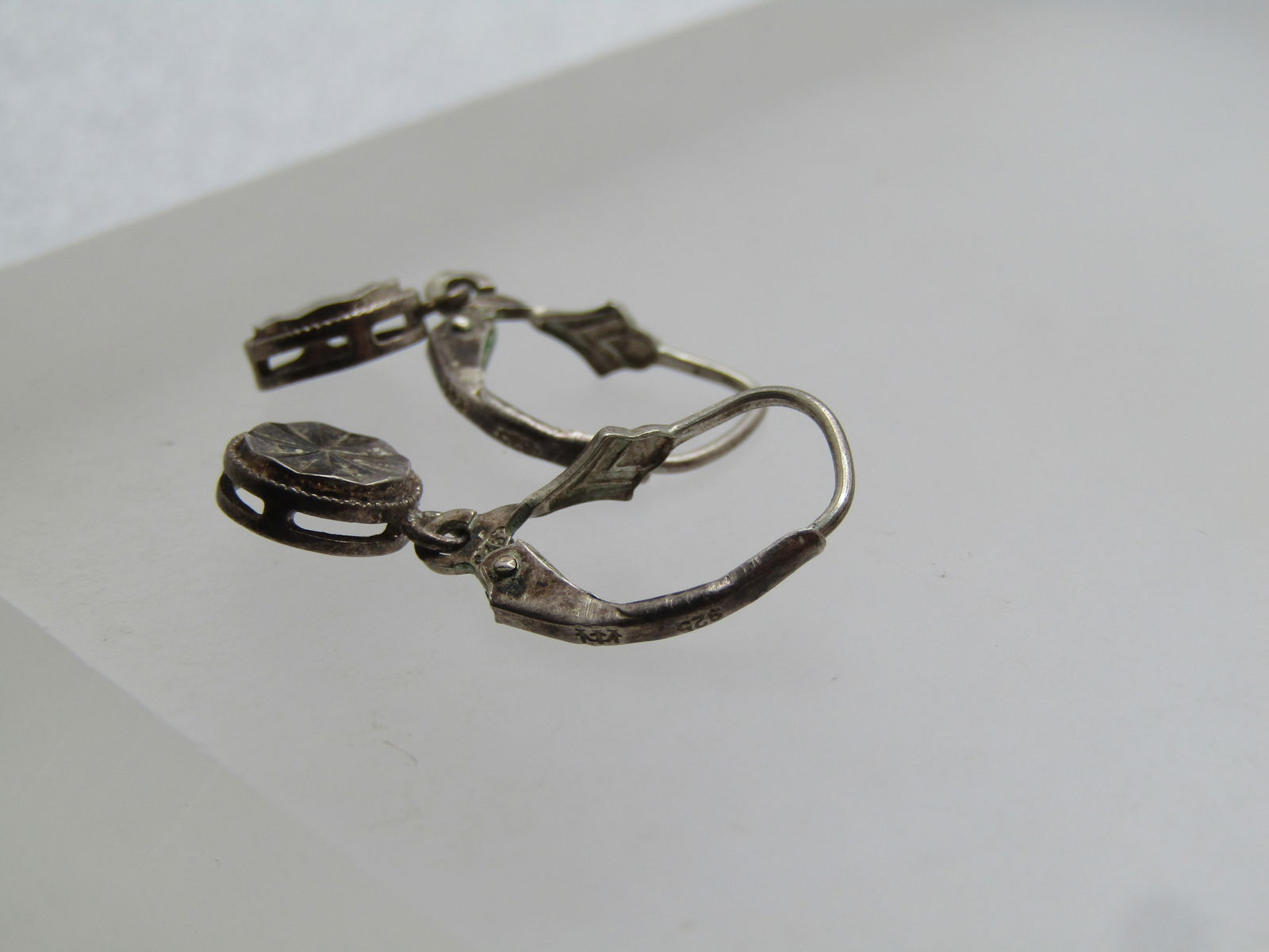 Vintage Sterling Etched Dangle Earrings, Pierced Leverback, Signed, 1970's-1980's - 2