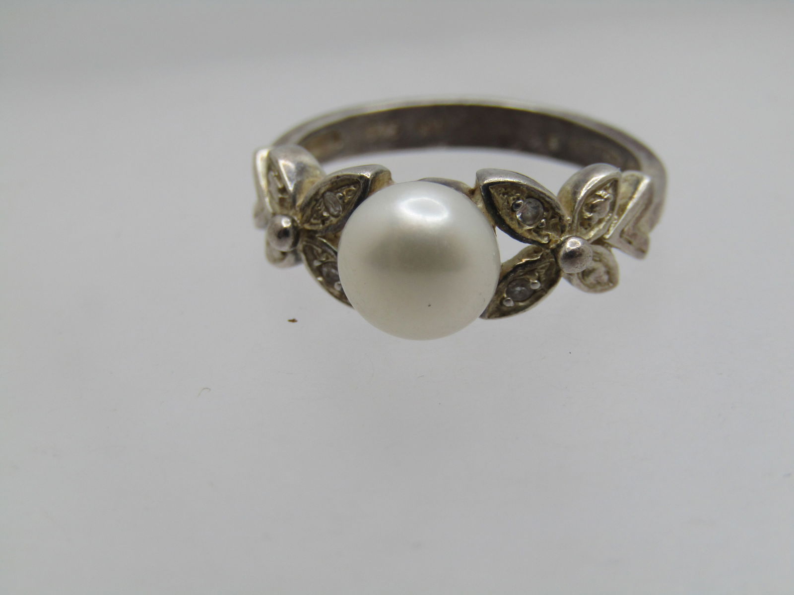 Vintage Sterling Faux Pearl CZ Ring, Sz. 6. Butterfly Accents, 1980's, Signed - 4