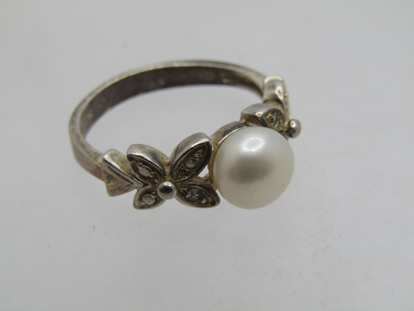 Vintage Sterling Faux Pearl CZ Ring, Sz. 6. Butterfly Accents, 1980's, Signed - 5