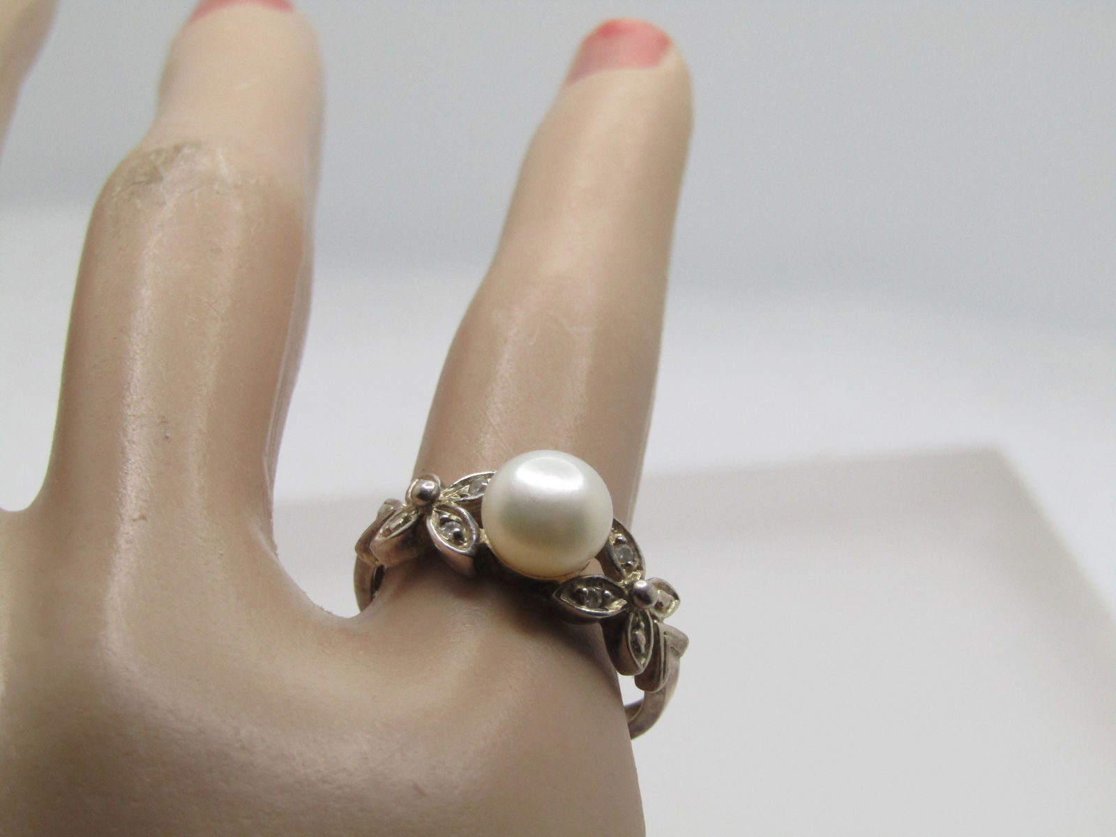 Vintage Sterling Faux Pearl CZ Ring, Sz. 6. Butterfly Accents, 1980's, Signed - 6