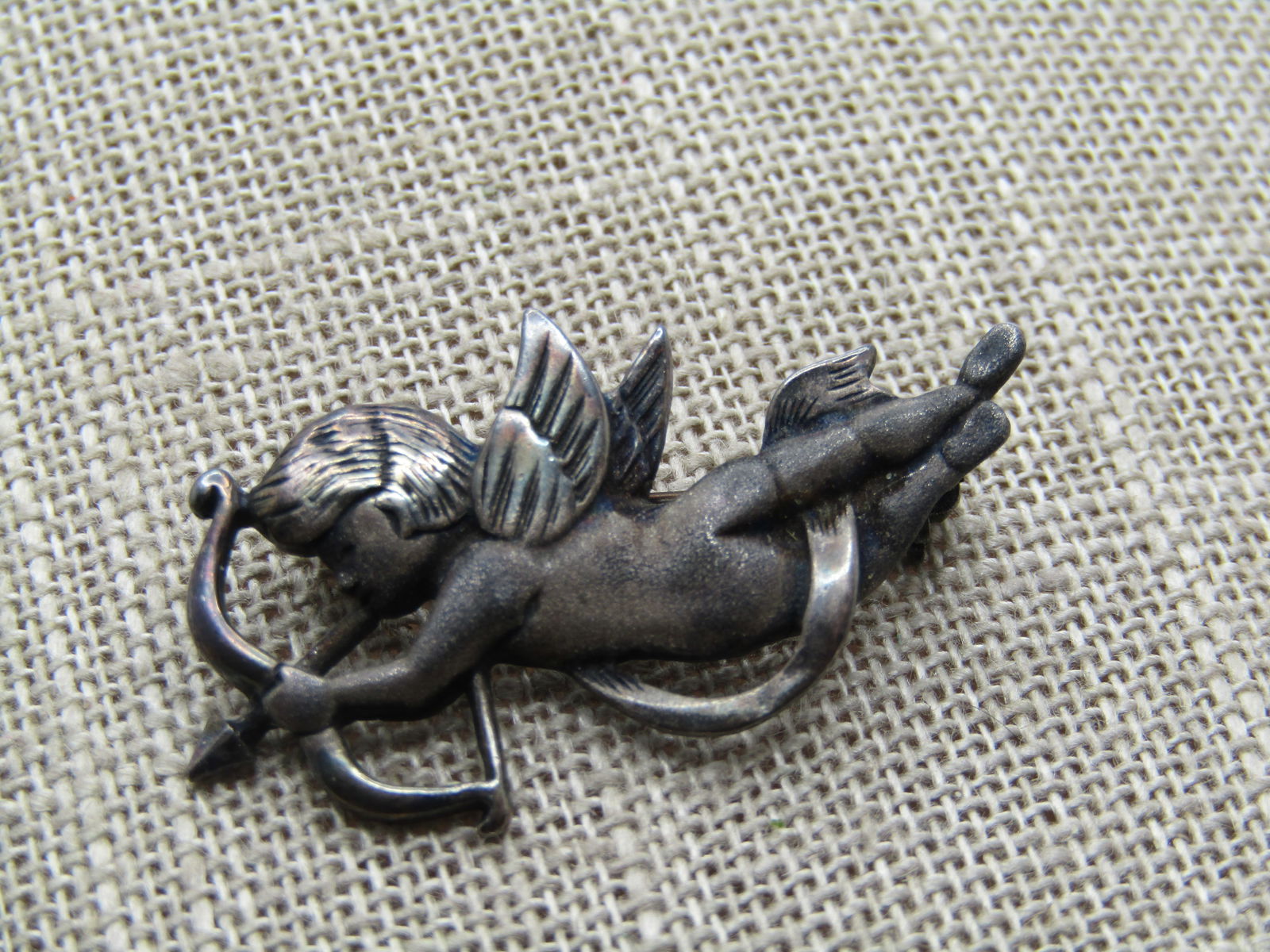 Vintage Sterling Winged Cherub With Arrow Brooch, 1940's - 2