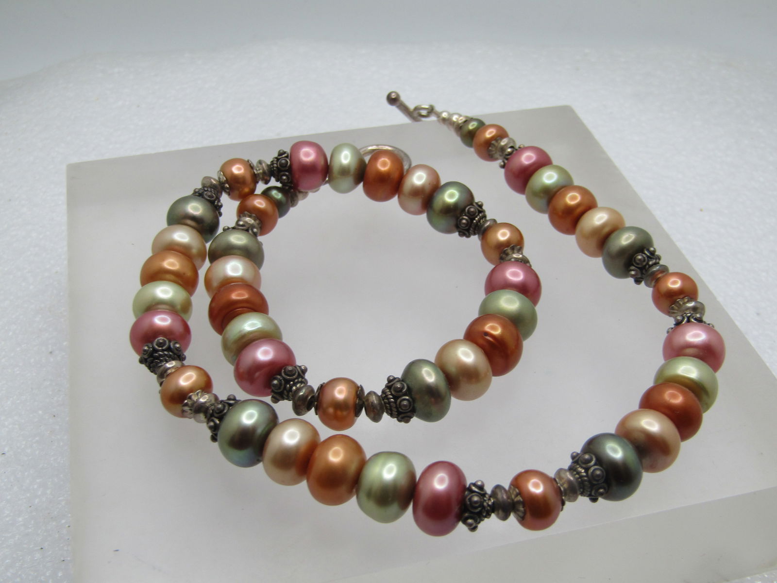 Vintage Sterling Tahitian Pearl & Silver Beaded Necklace, 17", Toggle Clasp, 1990's - 5