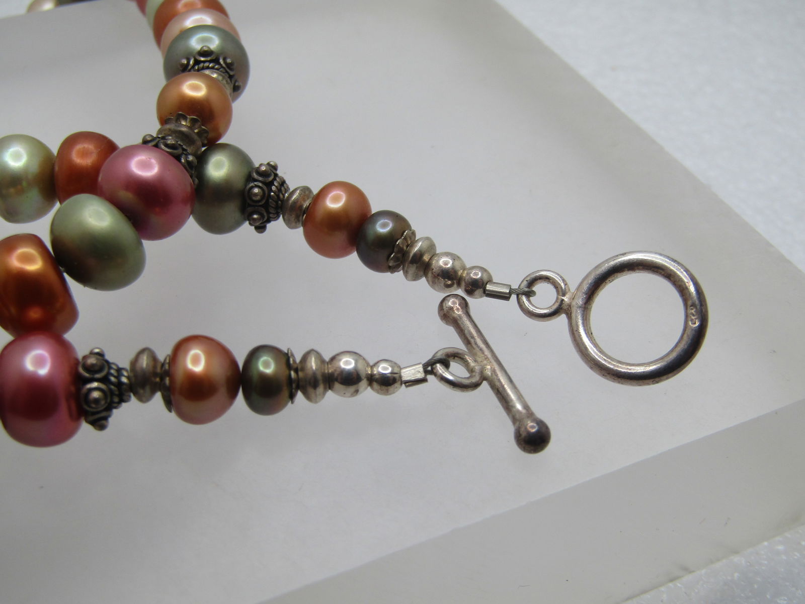 Vintage Sterling Tahitian Pearl & Silver Beaded Necklace, 17", Toggle Clasp, 1990's - 6