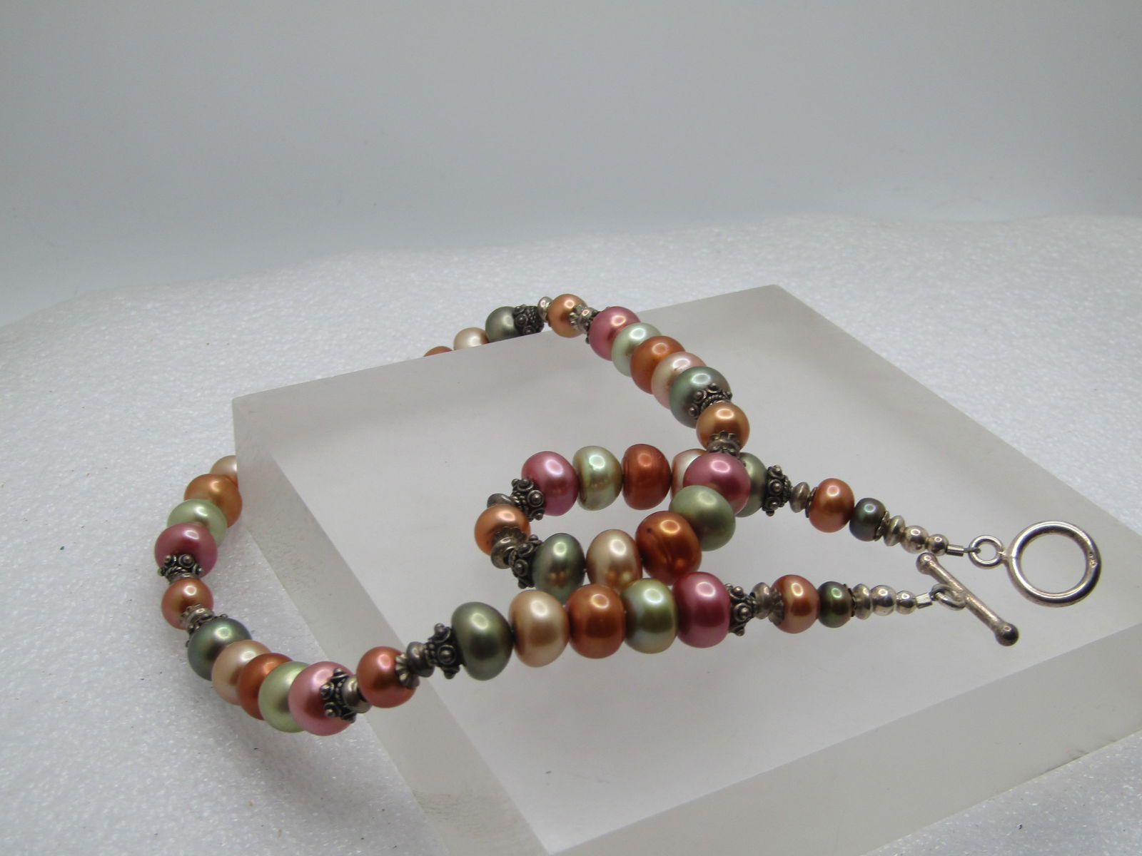 Vintage Sterling Tahitian Pearl & Silver Beaded Necklace, 17", Toggle Clasp, 1990's - 7