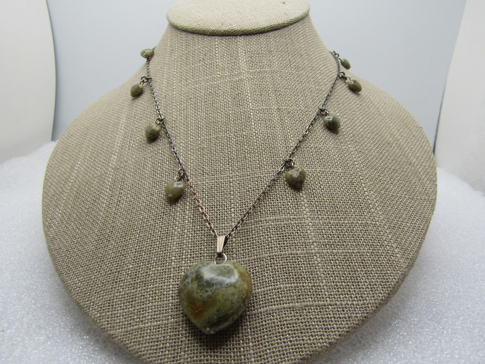 Vintage Sterling Moss Agate Heart Necklace, 19", 1980's-1990's: Vintage Sterling Moss Agate Heart Necklace, 19", 1980's-1990's. The heart at the bottom is a thick heart that is appx. 1-1/8" tall with bail. It is appx. 7/8" wide. There are smaller moss agate