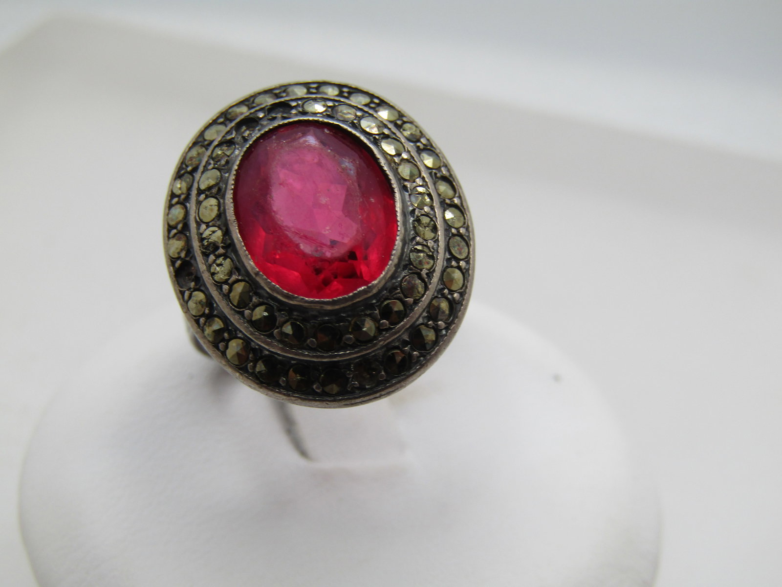 Vintage Sterling Red/Pink Marcasite Ring, Sz. 5.5, 1920's-1930's (1 of 8)