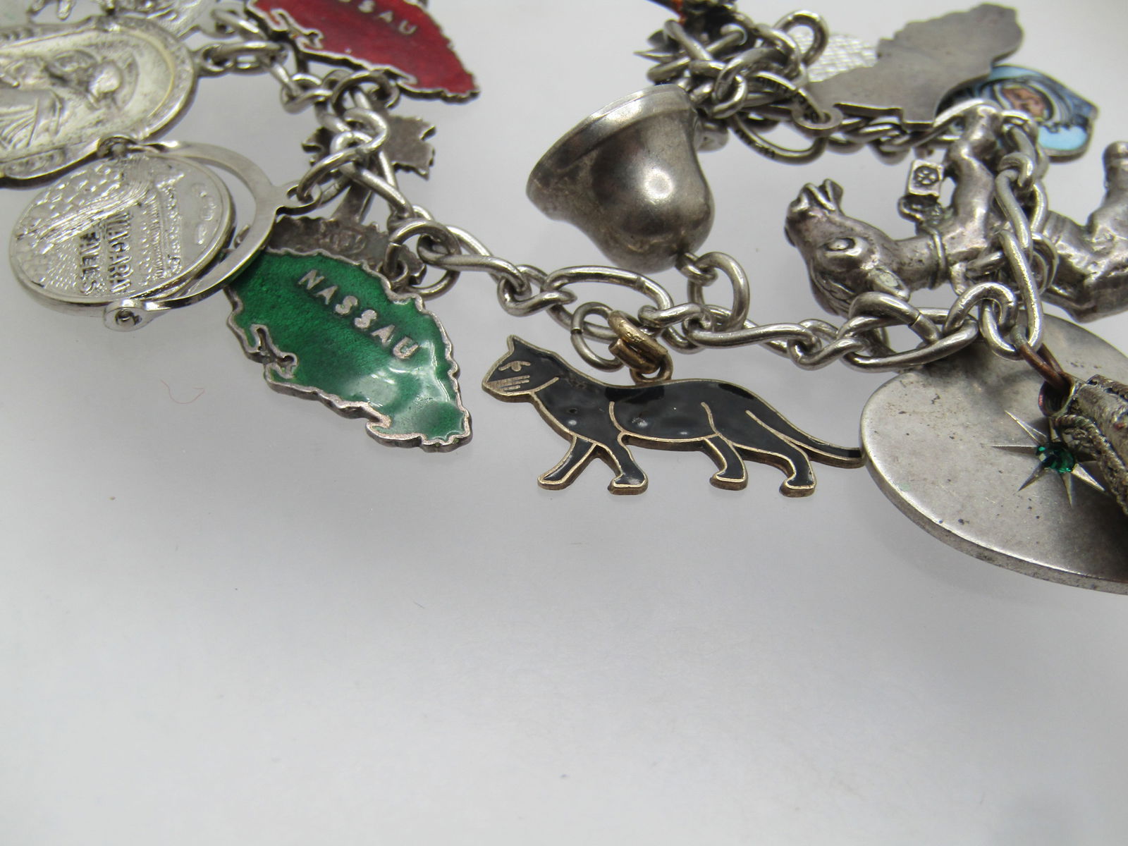 Vintage Sterling Charm Bracelet, 7", 17 Charms, 1960's-1970's - 7