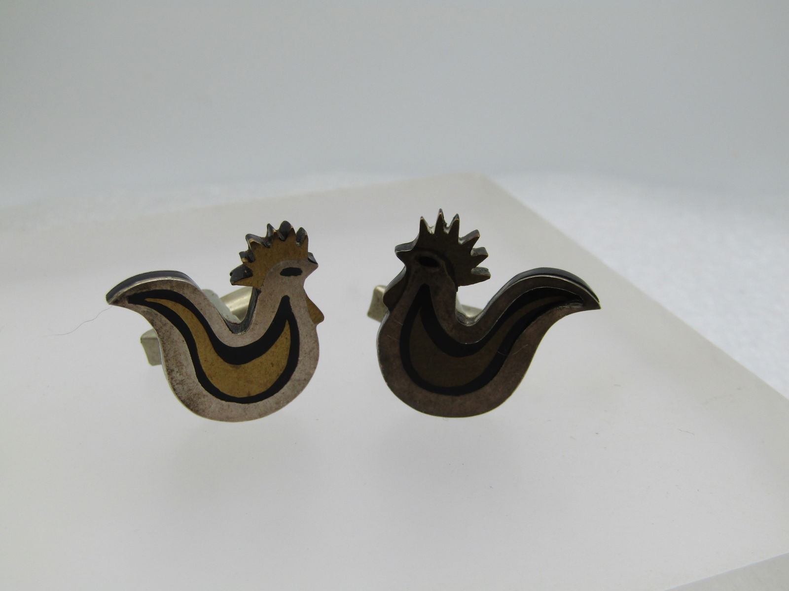 Vintage Sterling Modernist Rooster/Chicken Cufflinks, Estela Popowski, Taxco Mexico, Mid-Century (1 of 5)