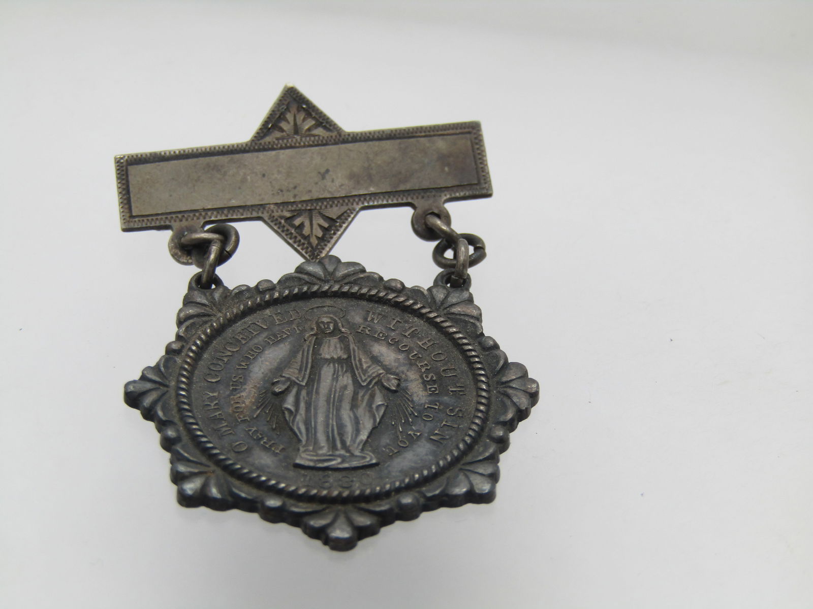 Antique Sterling Blessed Mother "O Mary" Brooch, C-Clasp, - 2
