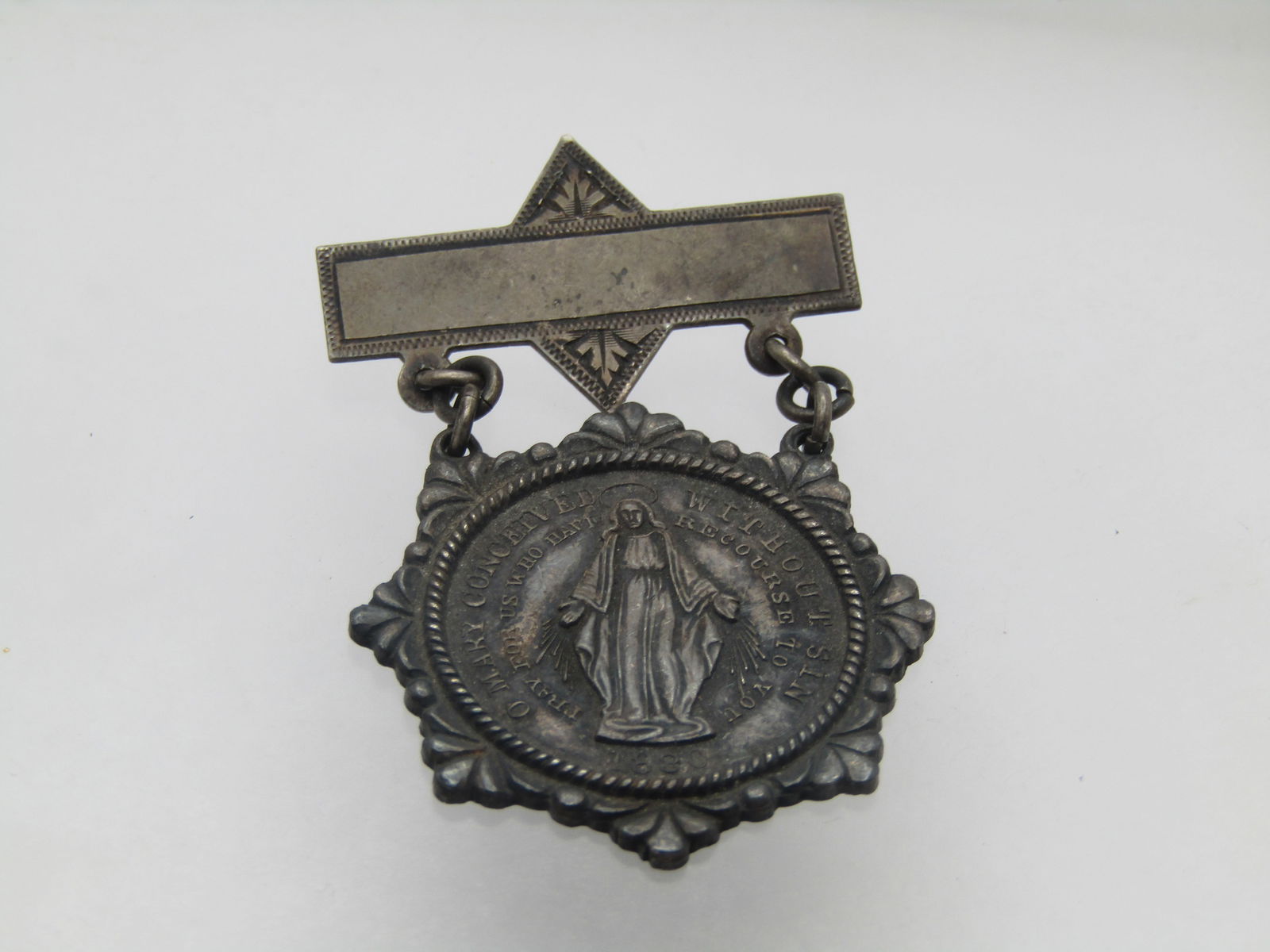 Antique Sterling Blessed Mother "O Mary" Brooch, C-Clasp, - 3