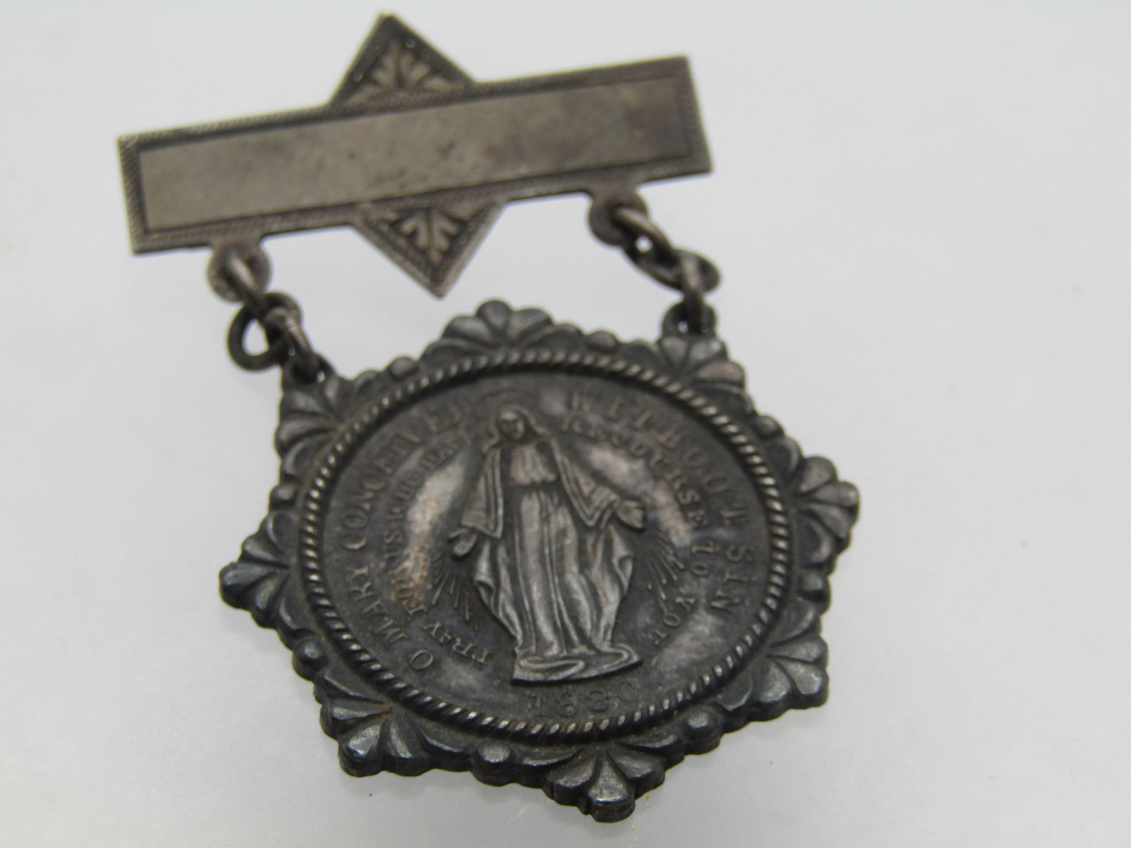 Antique Sterling Blessed Mother "O Mary" Brooch, C-Clasp, - 6