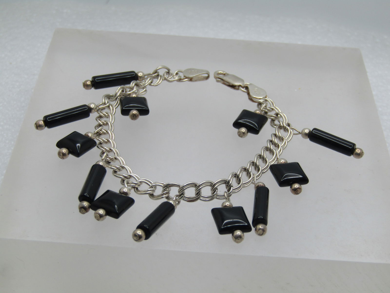 Vintage Sterling Black Onyx Dangle Bracelet, 7" , 1980's-1990's - 2