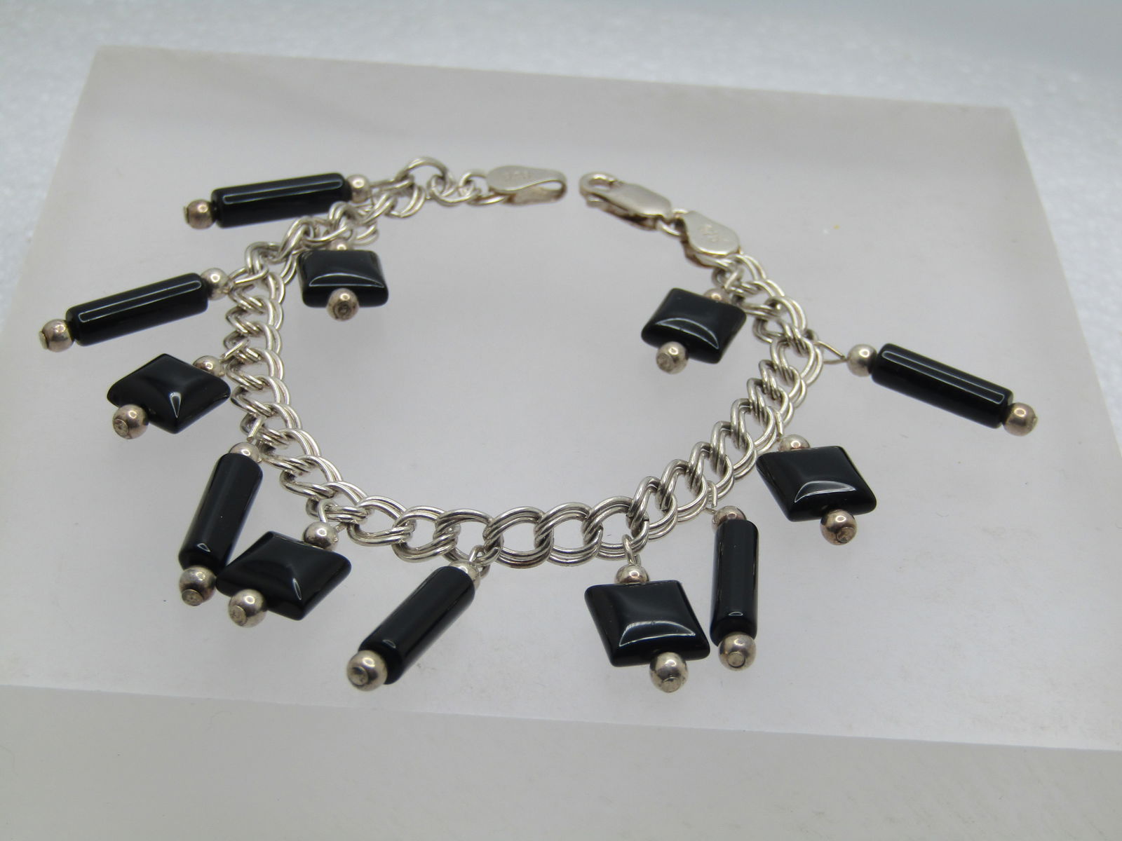 Vintage Sterling Black Onyx Dangle Bracelet, 7" , 1980's-1990's - 3