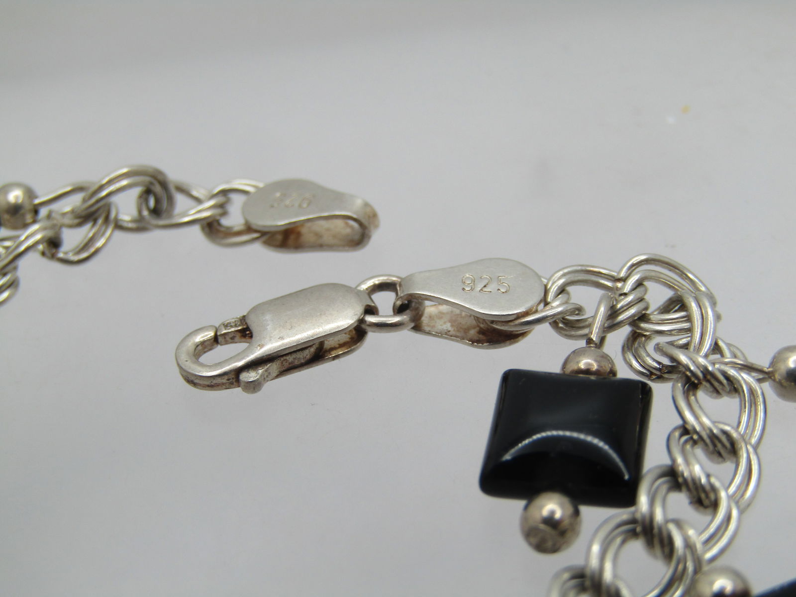 Vintage Sterling Black Onyx Dangle Bracelet, 7" , 1980's-1990's - 4