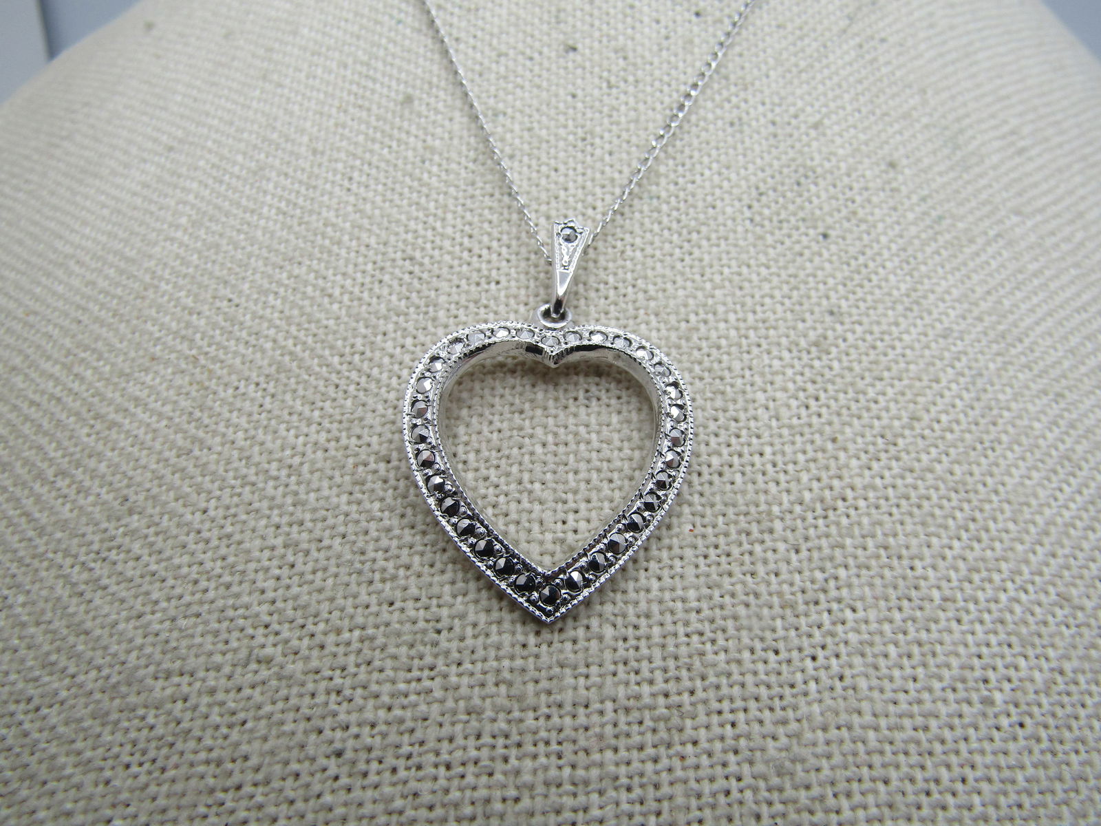Vintage Sterling Marcasite Heart 18", Signed HEDA, 1970's-1980's - 3
