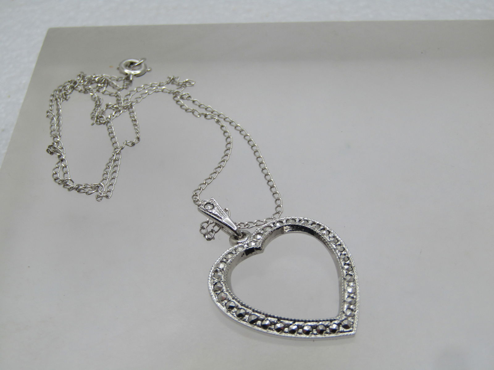 Vintage Sterling Marcasite Heart 18", Signed HEDA, 1970's-1980's - 5