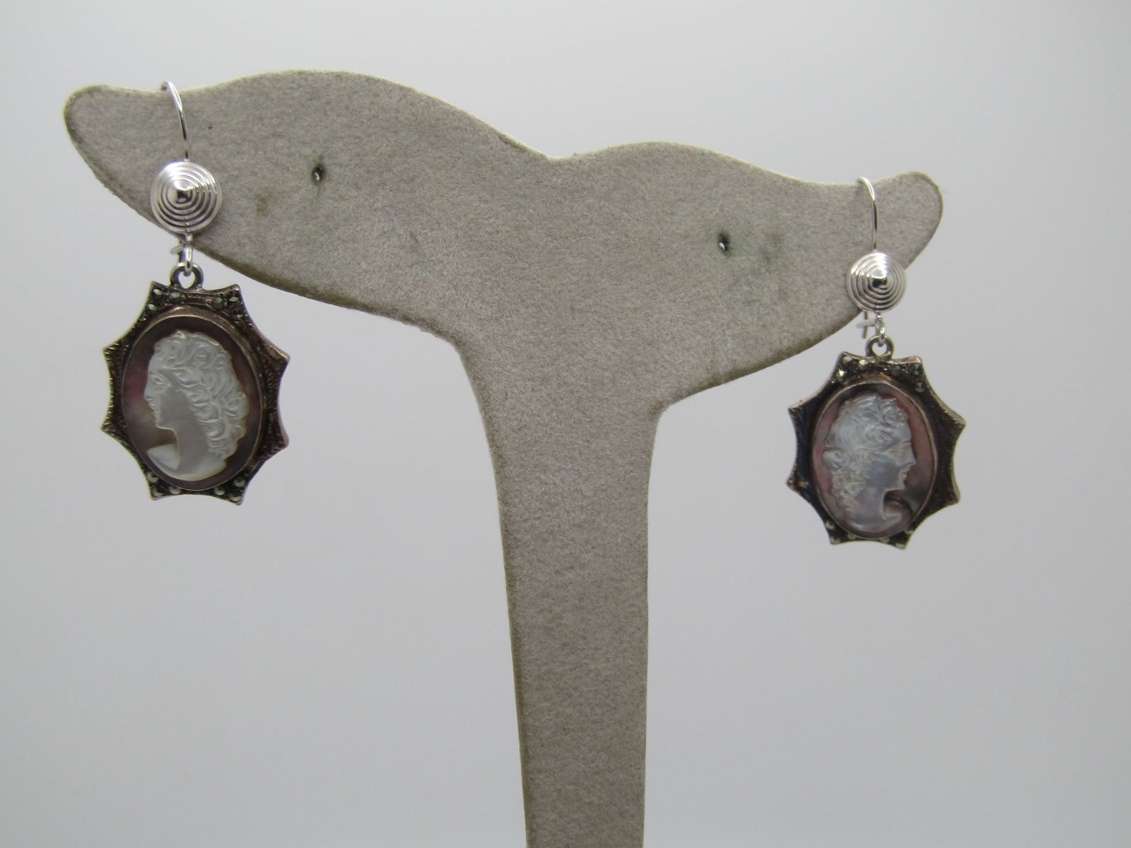 Vintage 14kt & Sterling Marcasite Cameo Drop Earrings, Mixed Ages: Vintage 14kt & Sterling Cameo Drop Earrings, Mixed Ages. These came from an estate where someone put more modern domed coiled accented pierced hook earrings with locking back. The drops are