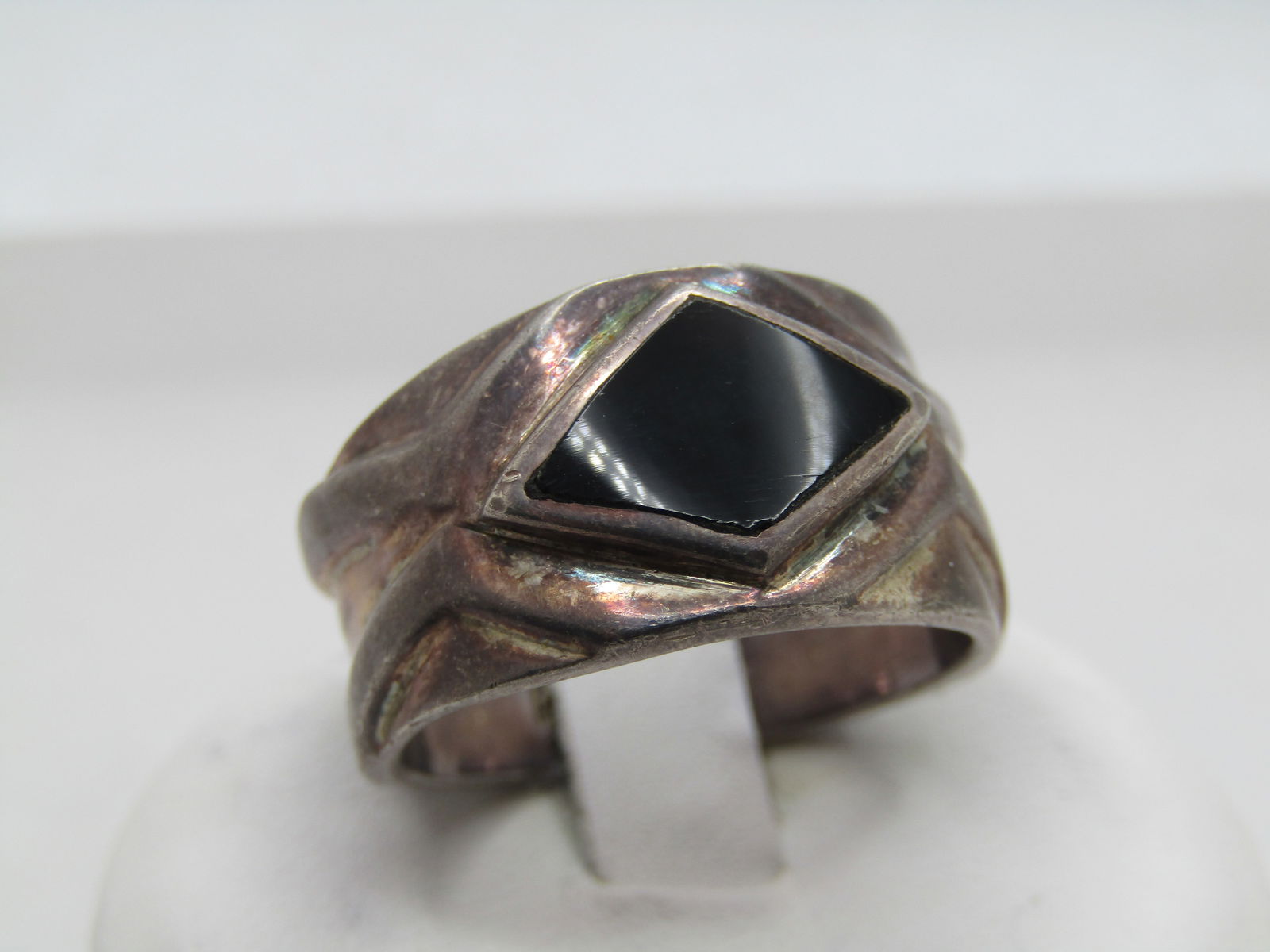 Vintage Sterling Onyx Wide Band Ring, Sz. 8.5. Unisex, 1970's-1980's - 4