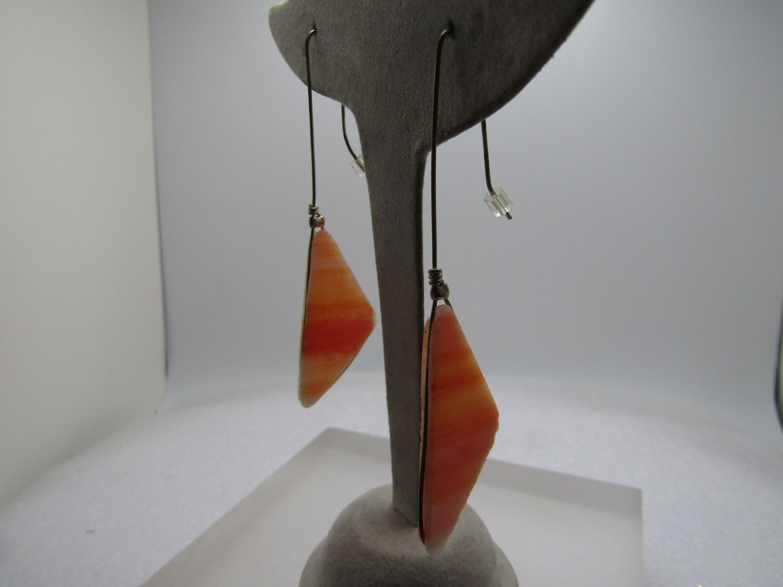 Vintage Sterling Sunrise Glass Drop Earrings, Pierced, Handmade, 1980's: Vintage Sterling Sunrise Glass Drop Earrings, Pierced, Handmade, 1980's-1990's, poossibly earlier. These have a traingular pinks and yellows sunrise glass that is appx. 1.5" on the long side and 1"