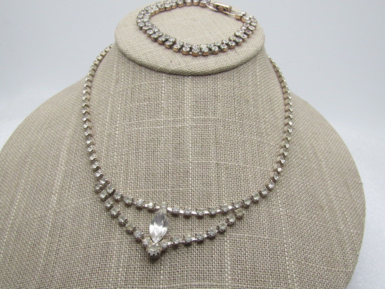 Vintage Sterling Rhinestone Necklace & Bracelet, 16", 7.25", 1960's (1 of 4)