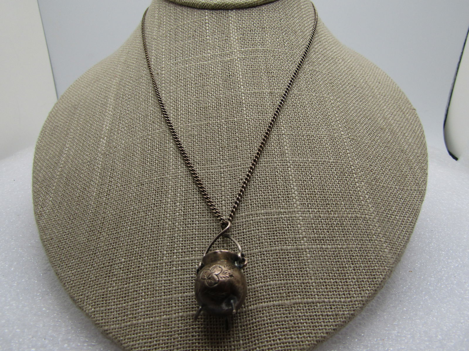 Vintage Sterling Pot of Gold Clover Necklace, 1901, Signed J C & S, 16": Vintage Sterling Pot of Gold Clover Necklace, 1901, Signed J C & S, 16". J C & S is Joseph Cook and Son, the assay marks peg this as Birmingham, London and 1901. The maker is Joseph Cook and Son. It h