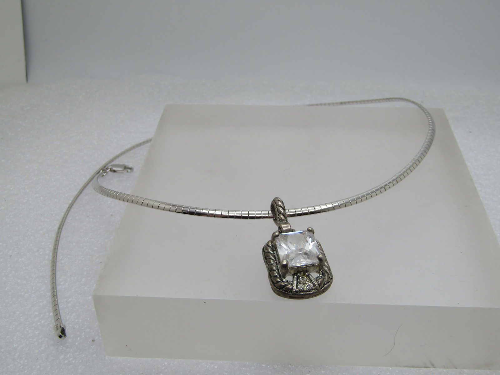 Vintage Sterling Omega Necklace with Clear Rhinestone Slide, 18", 1980's-1990's - 9